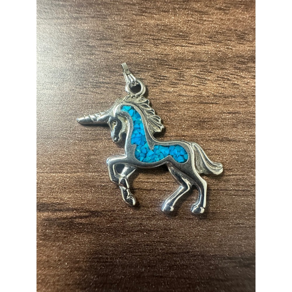 Vintage 1983 JJ Jonette Jewelry Unicorn Pendant Turquoise Chip Inlay Silver Tone